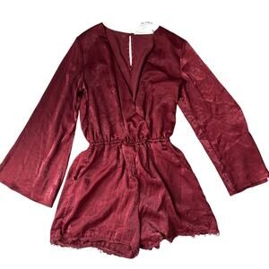 California Moonrise wine red satin bell sleeve romper plunging v neckline Medium